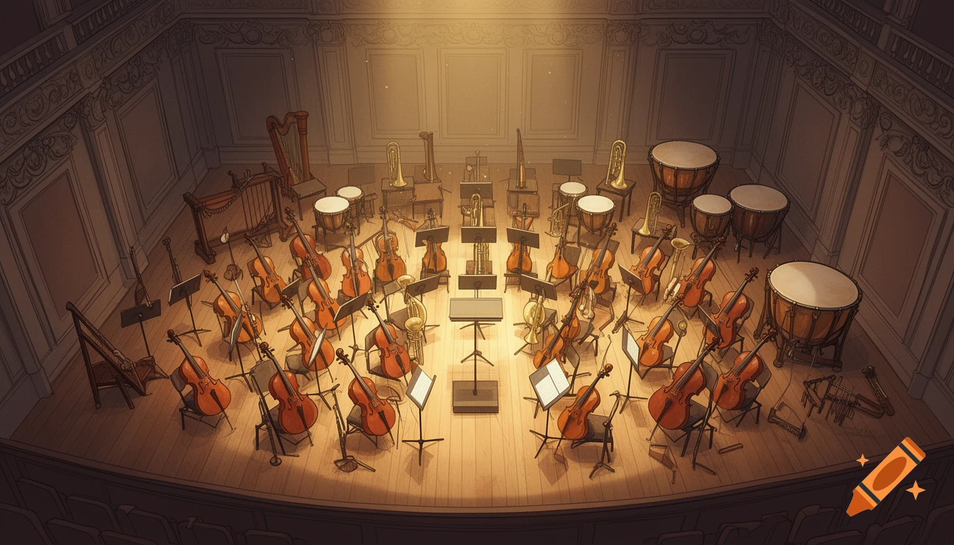 An aerial view illustration of an empty symphony orchestra stage filled with various musical instruments, including violins, cellos, brass, and percussion.