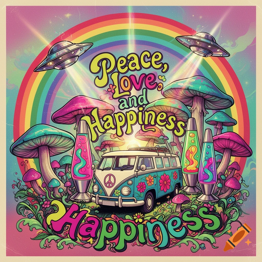 A vibrant psychedelic hippie poster illustration with "Peace, Love and Happiness" text, a retro van, colorful mushrooms, lava lamps, UFOs, and a rainbow.