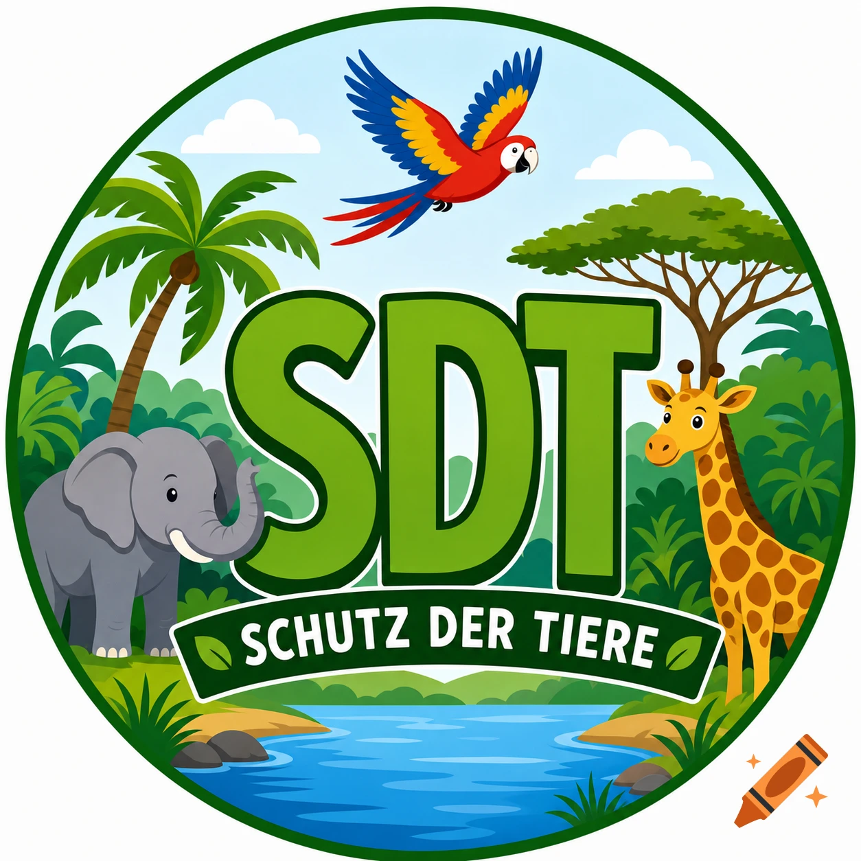 Colorful round logo with 'SDT Schutz der Tiere' text, featuring an elephant, giraffe, parrot, jungle, and a river.