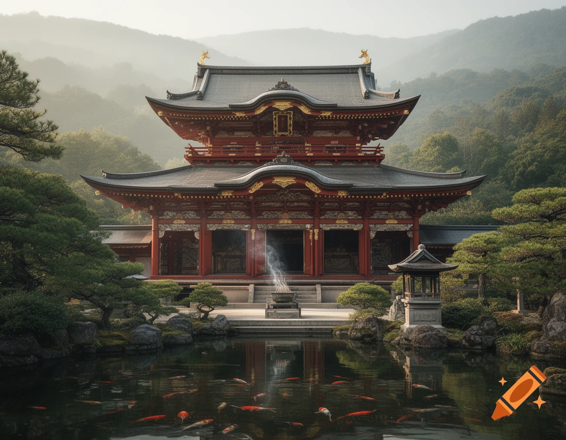 A photorealistic image of a traditional red and gold Japanese temple with multiple pagoda roofs, surrounded by trees and mountains, reflected in a pond with swimming koi fish.