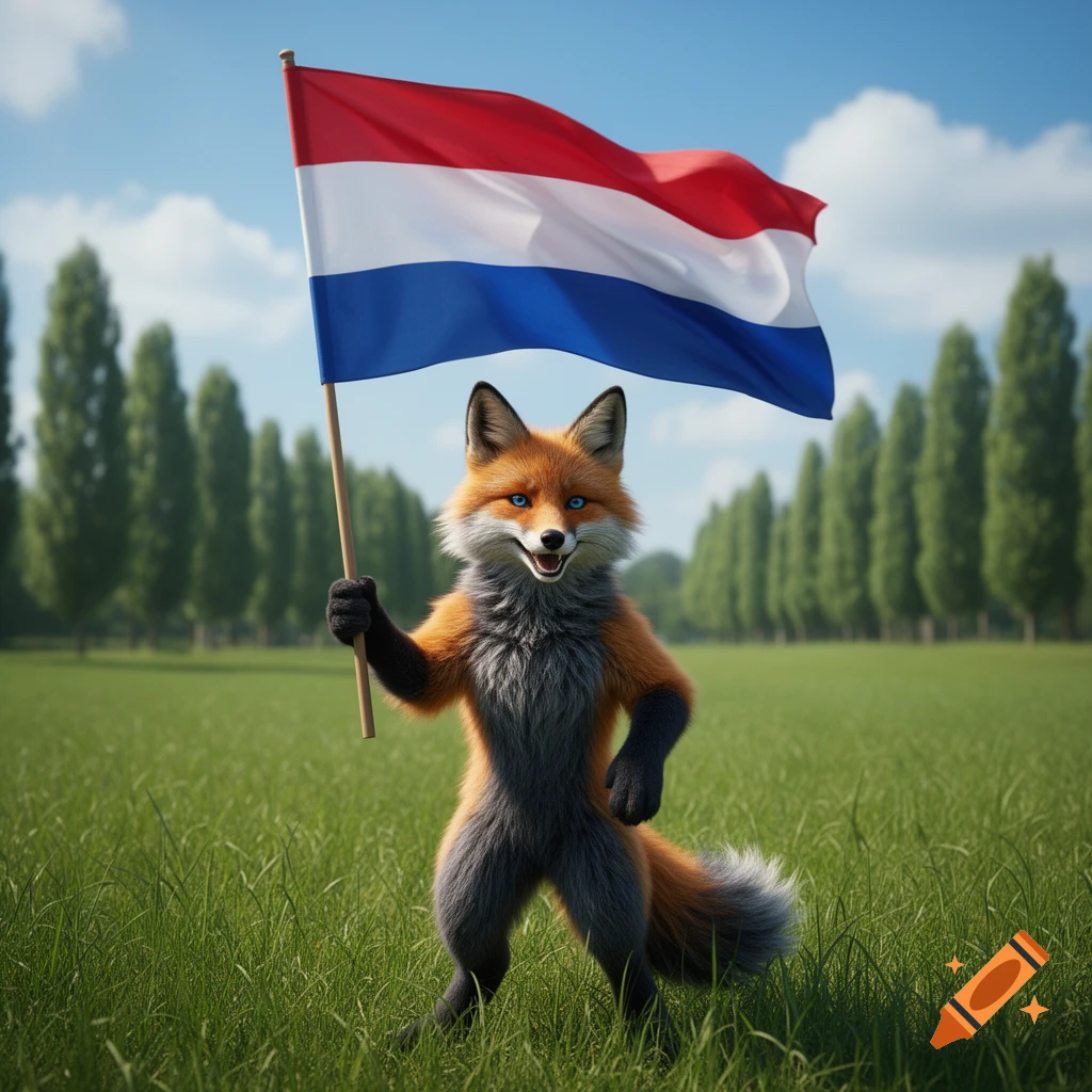 A cute anthropomorphic fox stands in a green field, holding the red, white, and blue flag of the Netherlands under a clear sky.
