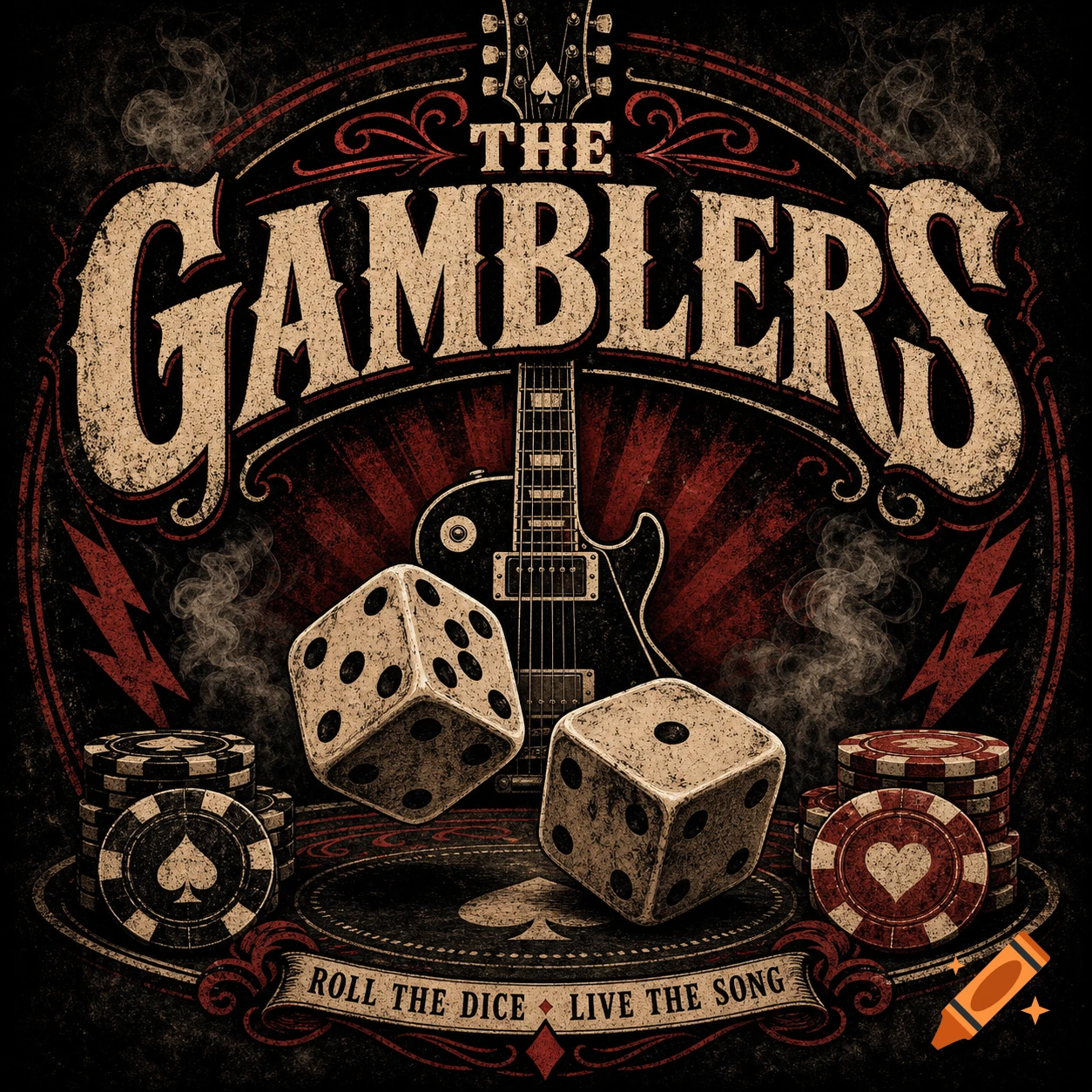 Vintage band logo for 'The Gamblers' featuring a guitar, dice, and poker chips on a distressed black and red background.