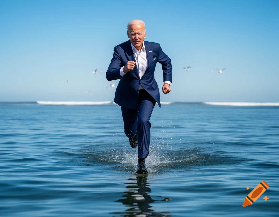 Joe Biden in a blue suit runs across the calm blue ocean water, creating splashes, under a clear sky.