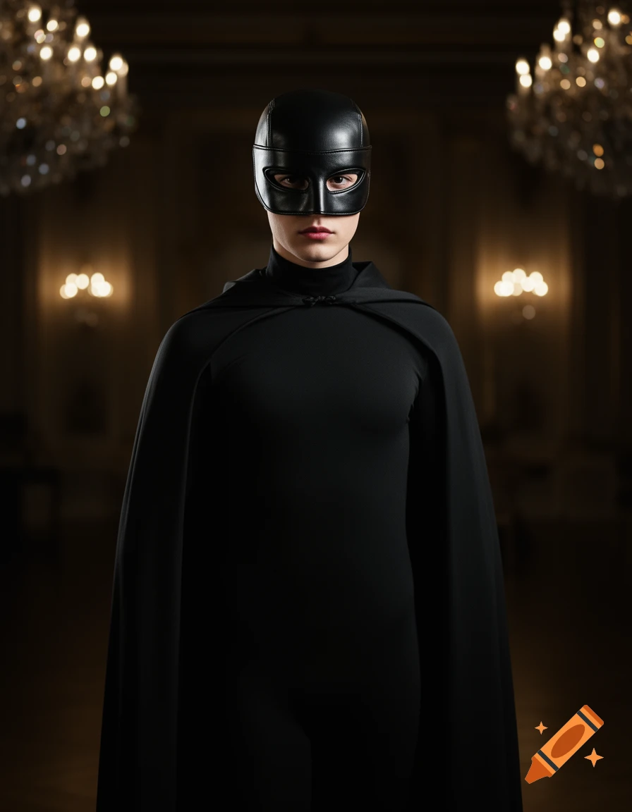 A person in a black leather mask and black cape stands in a dimly lit room with chandeliers.
