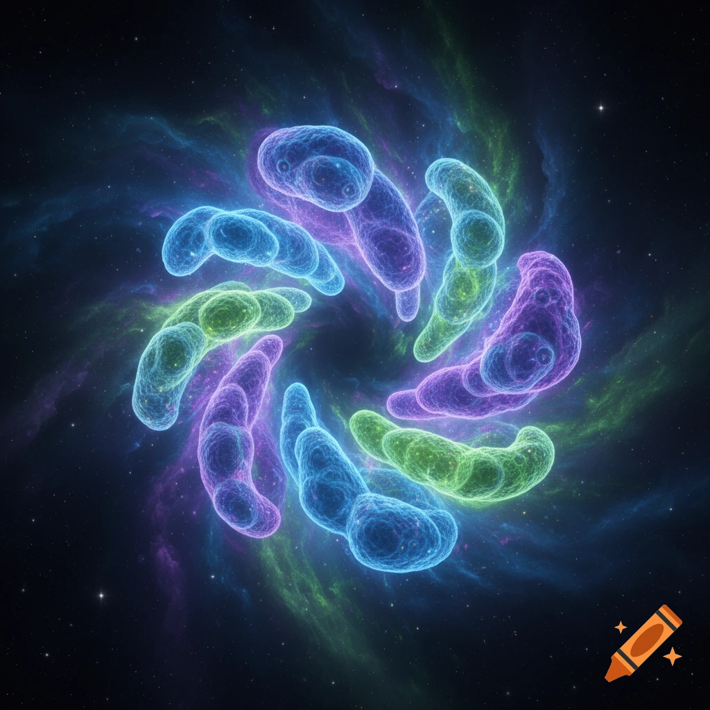 A swirling vortex of glowing blue, green, and purple cell-like organisms against a dark, starry cosmic background with faint nebulae.