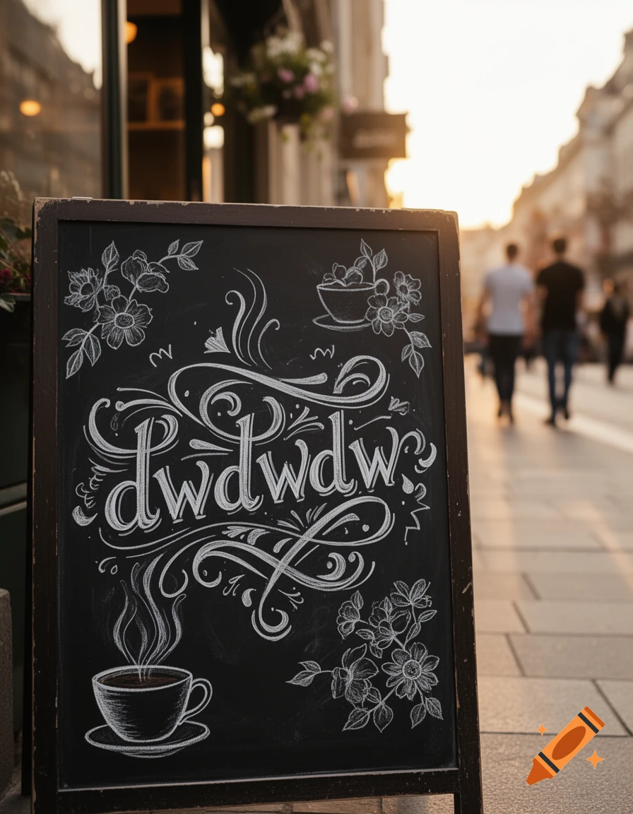 A chalkboard sign with 'dwdwdw' text and coffee-related drawings stands on a city street at sunset, in a photorealistic style.