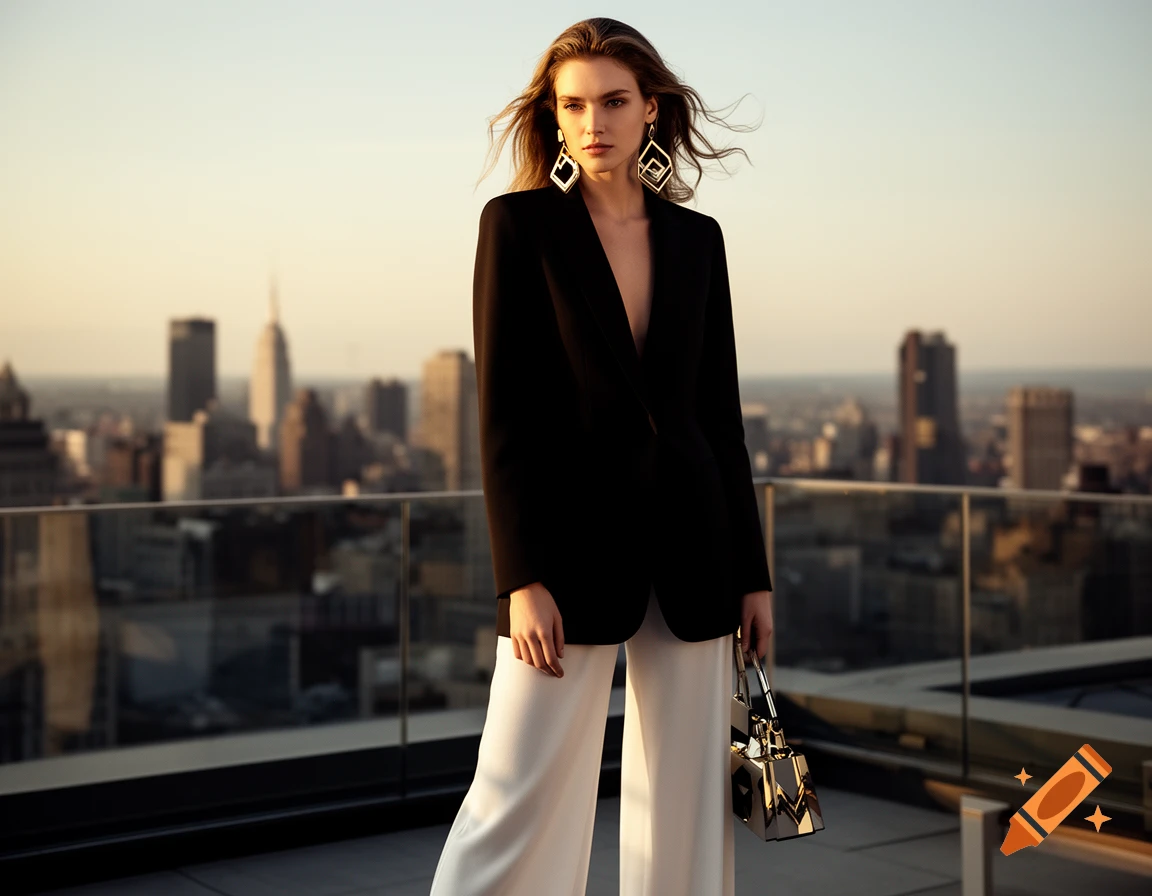 A woman in a black blazer and white wide-leg pants stands on a rooftop with a city skyline at sunset.
