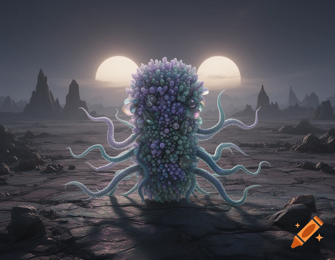 A multi-tentacled, purple and green alien creature with bulbous skin stands on a barren alien landscape under two bright suns.