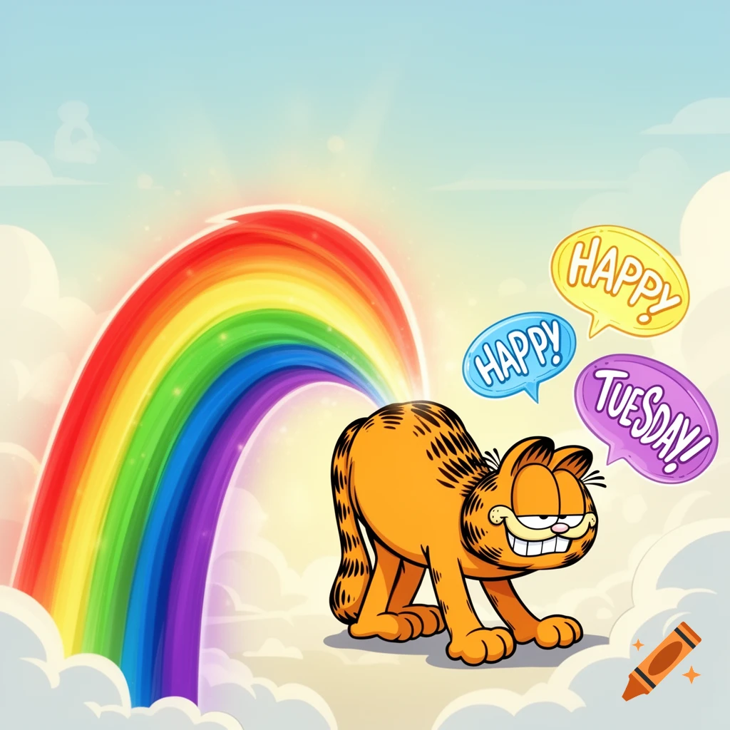 Cartoon Garfield bends over, farting a rainbow, with speech bubbles saying 'Happy' and 'Tuesday!' against a sky background.