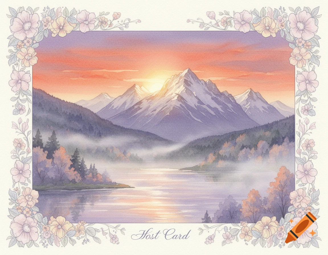 Watercolor mountain sunrise over a misty lake, framed by pastel flowers, with "Host Card" text.