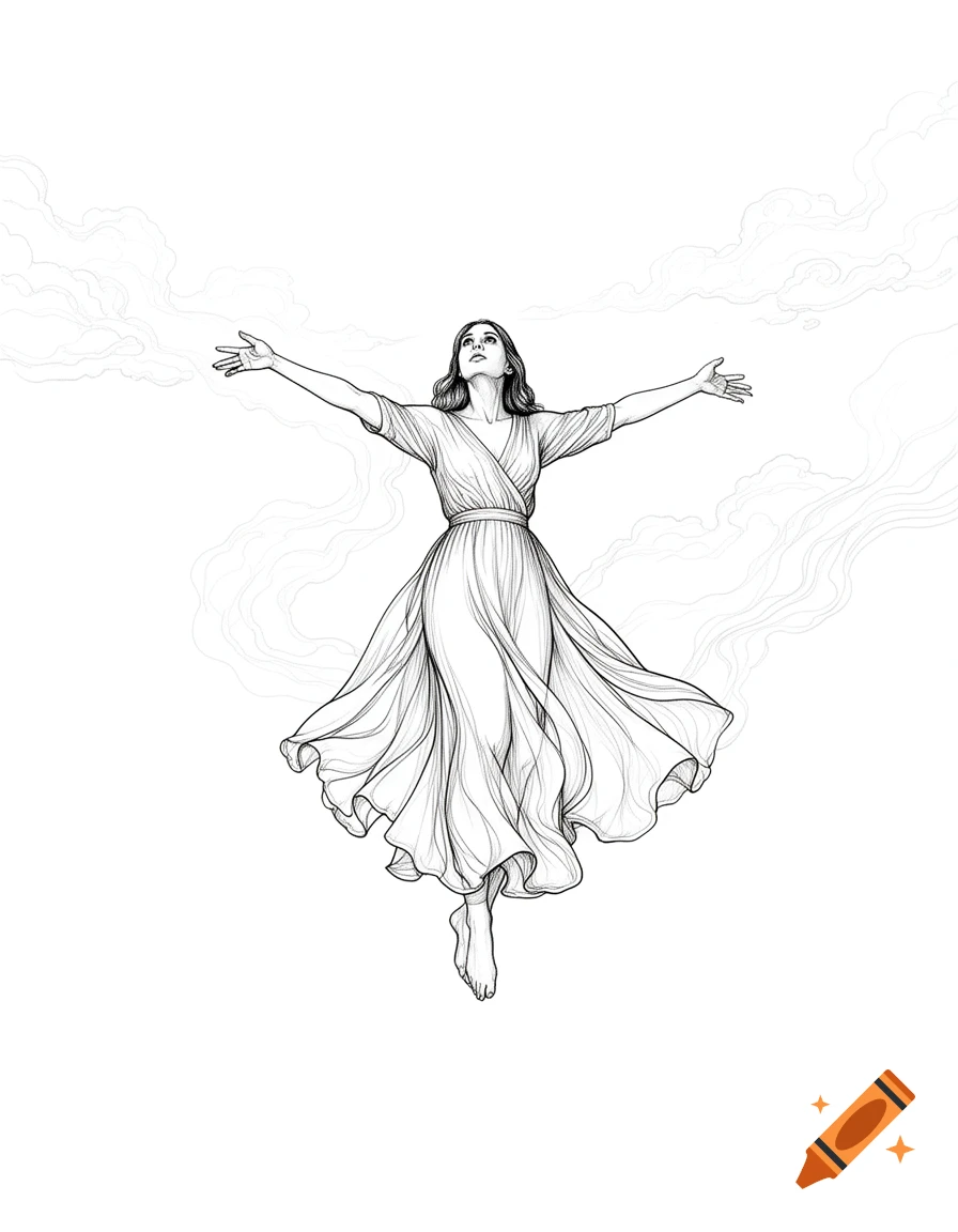 Black line art drawing of a woman in a long dress with outstretched arms, looking skyward, levitating among faint clouds.