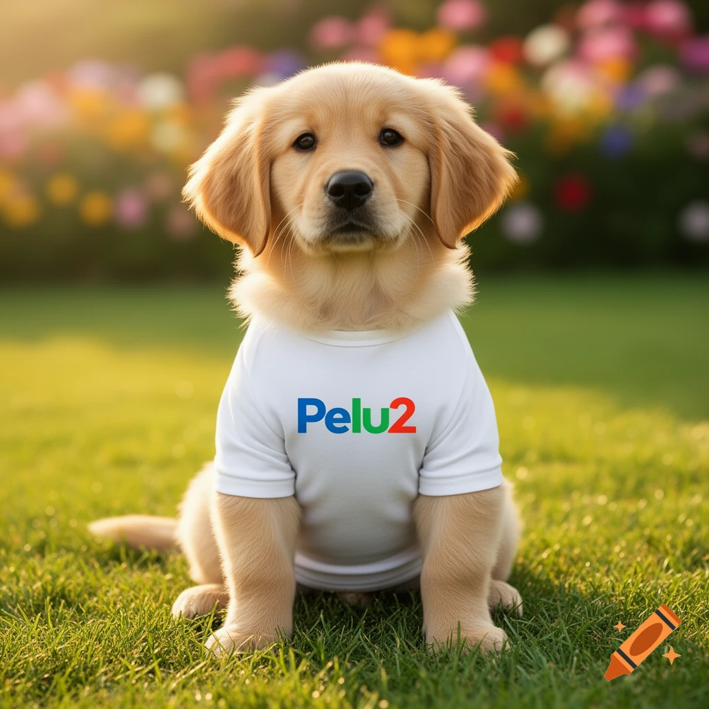 A photorealistic golden retriever puppy wearing a white t-shirt with 'Pelu2' sitting in a sunny green field with flowers.