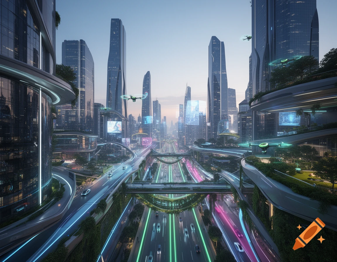 A vibrant futuristic cityscape with towering skyscrapers, multi-level highways illuminated with neon lights, flying drones, and lush greenery.