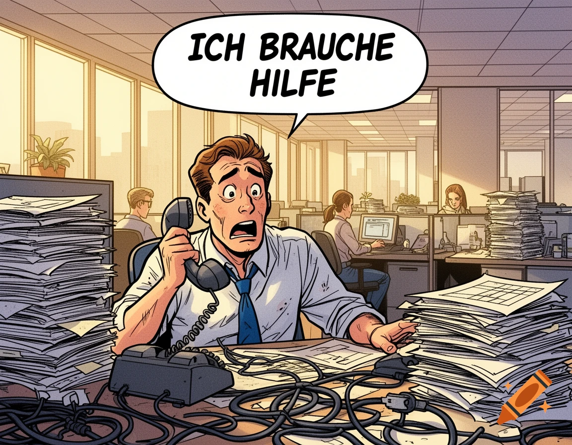 Comic art illustration of a stressed man in an office holding a phone, saying "ICH BRAUCHE HILFE" amid tangled wires.