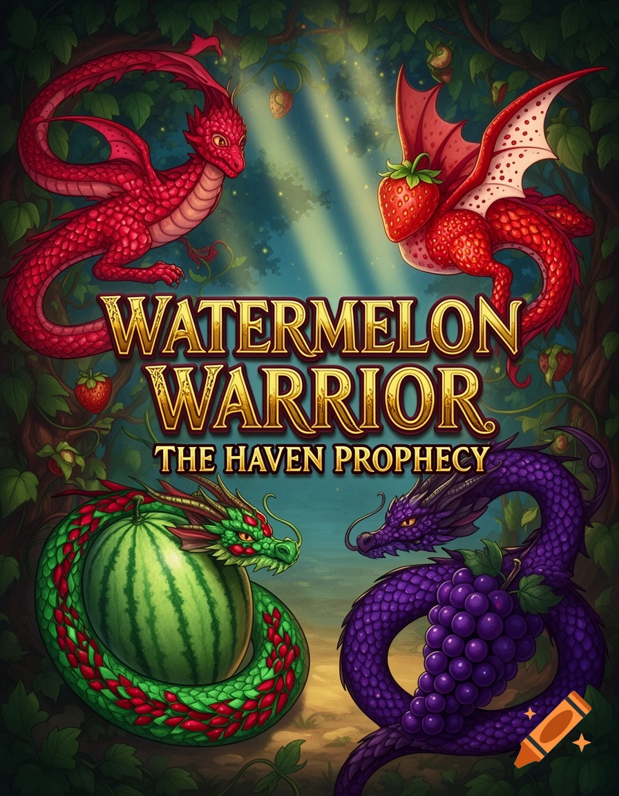 An illustration of four colorful, fruit-themed dragons surrounding the book title 'Watermelon Warrior: The Haven Prophecy' in a magical forest.