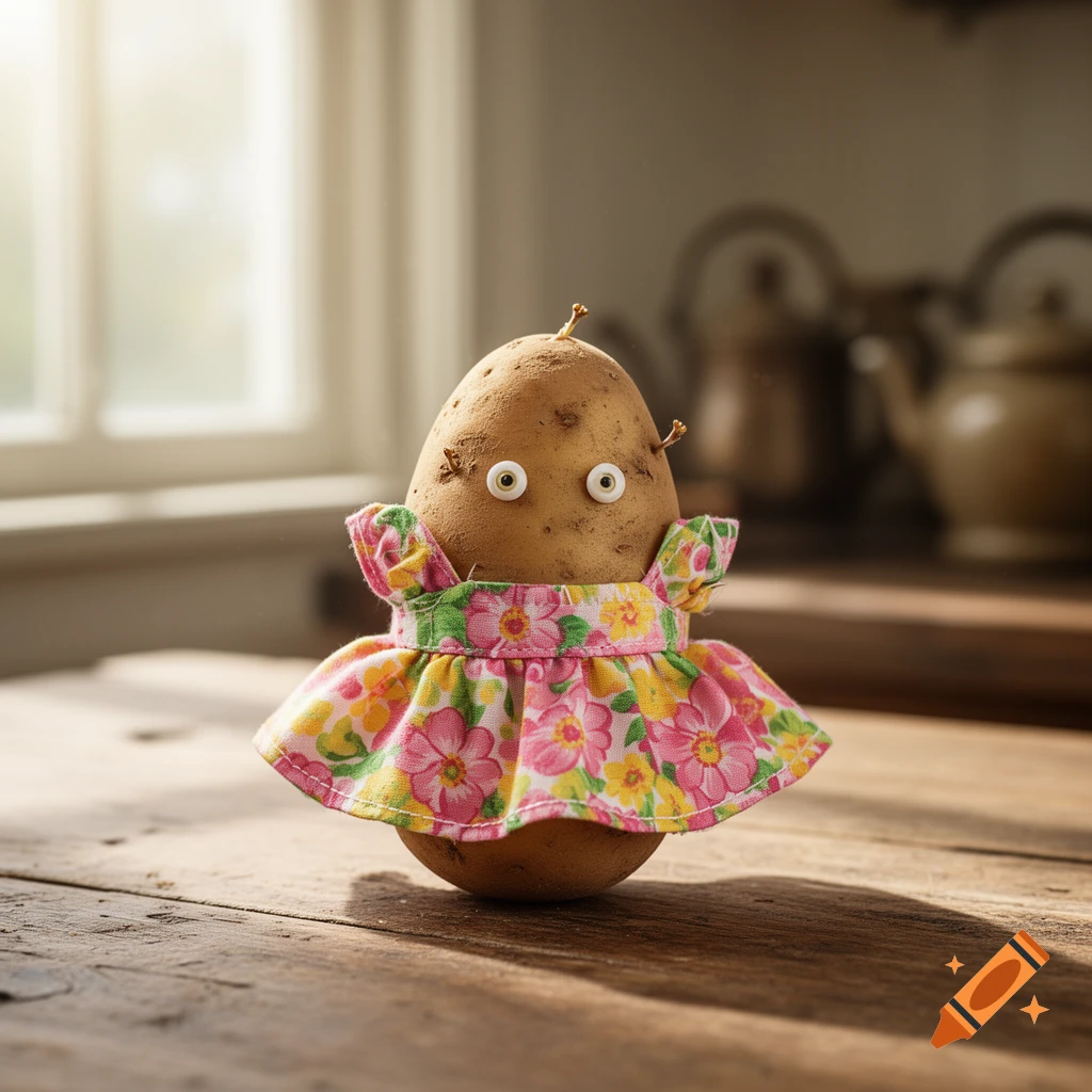 A photorealistic potato with googly eyes wearing a pink and green floral dress stands on a wooden table.