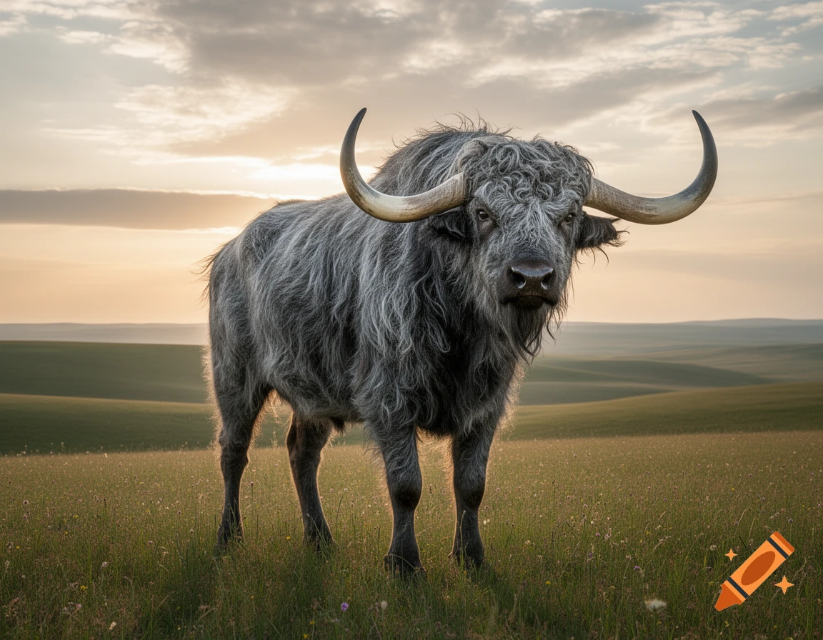 A grey shaggy, long-horned buffalo-like creature stands in a green field under a cloudy sunset sky.
