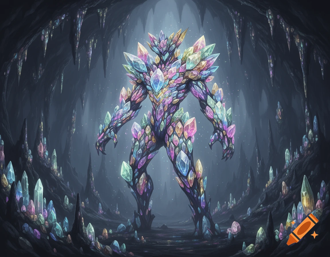 A large, bipedal monster made entirely of colorful, glowing crystals stands in a dark, glowing crystal cave.
