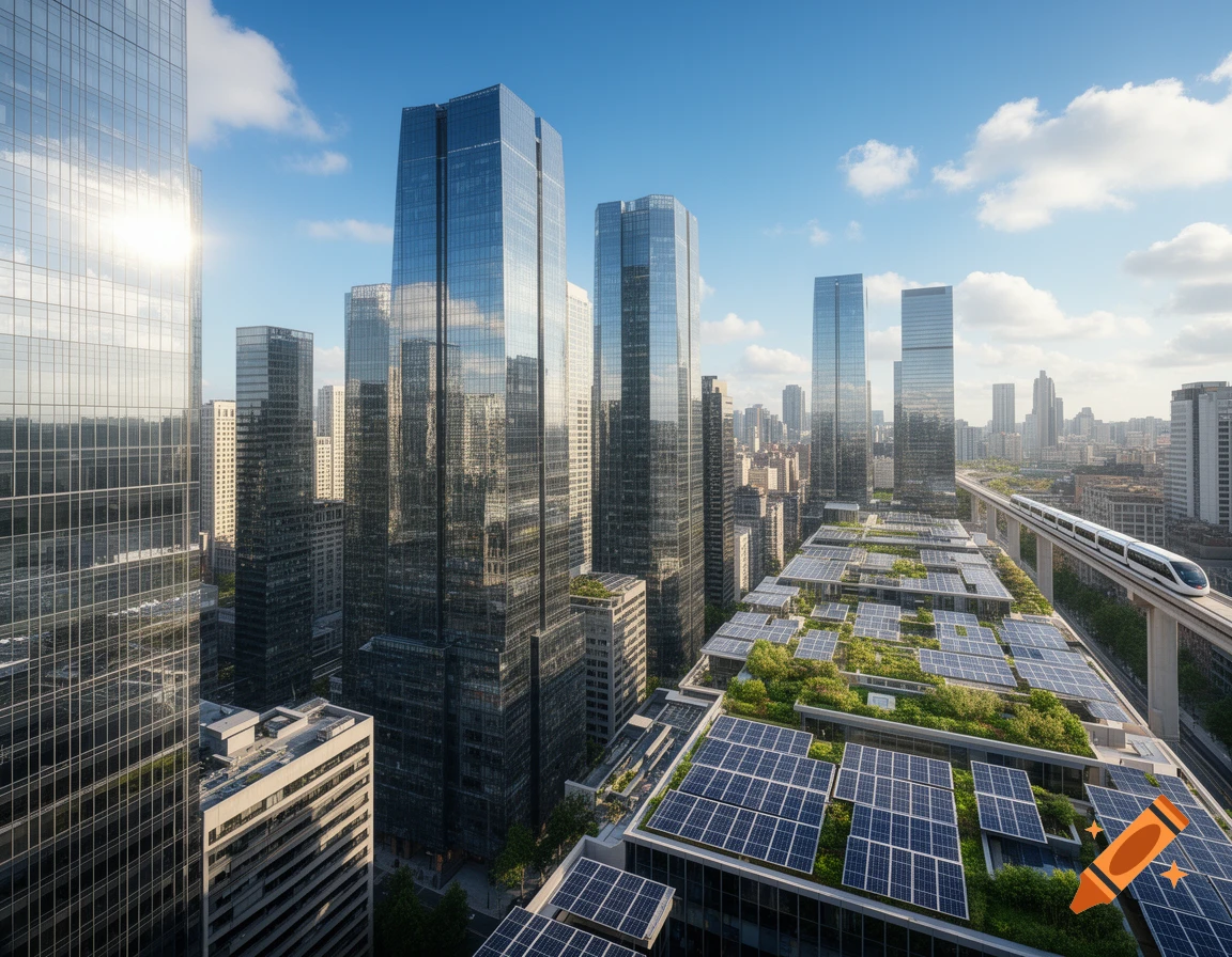 An aerial view of a modern city with towering glass skyscrapers, a large building featuring solar panels and green roofs, and an elevated train moving on a track.