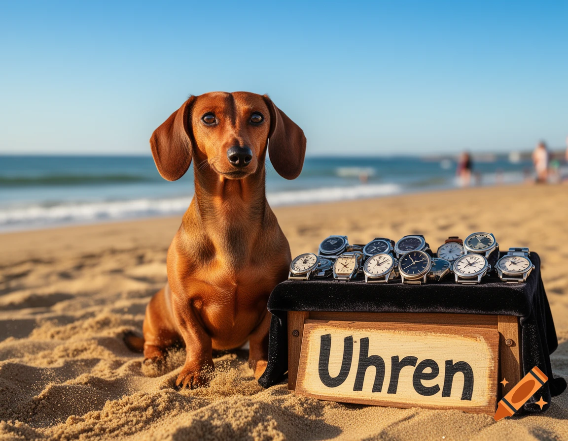 A brown dachshund sits on a sandy beach next to a table displaying watches, with a sign that reads "Uhren".