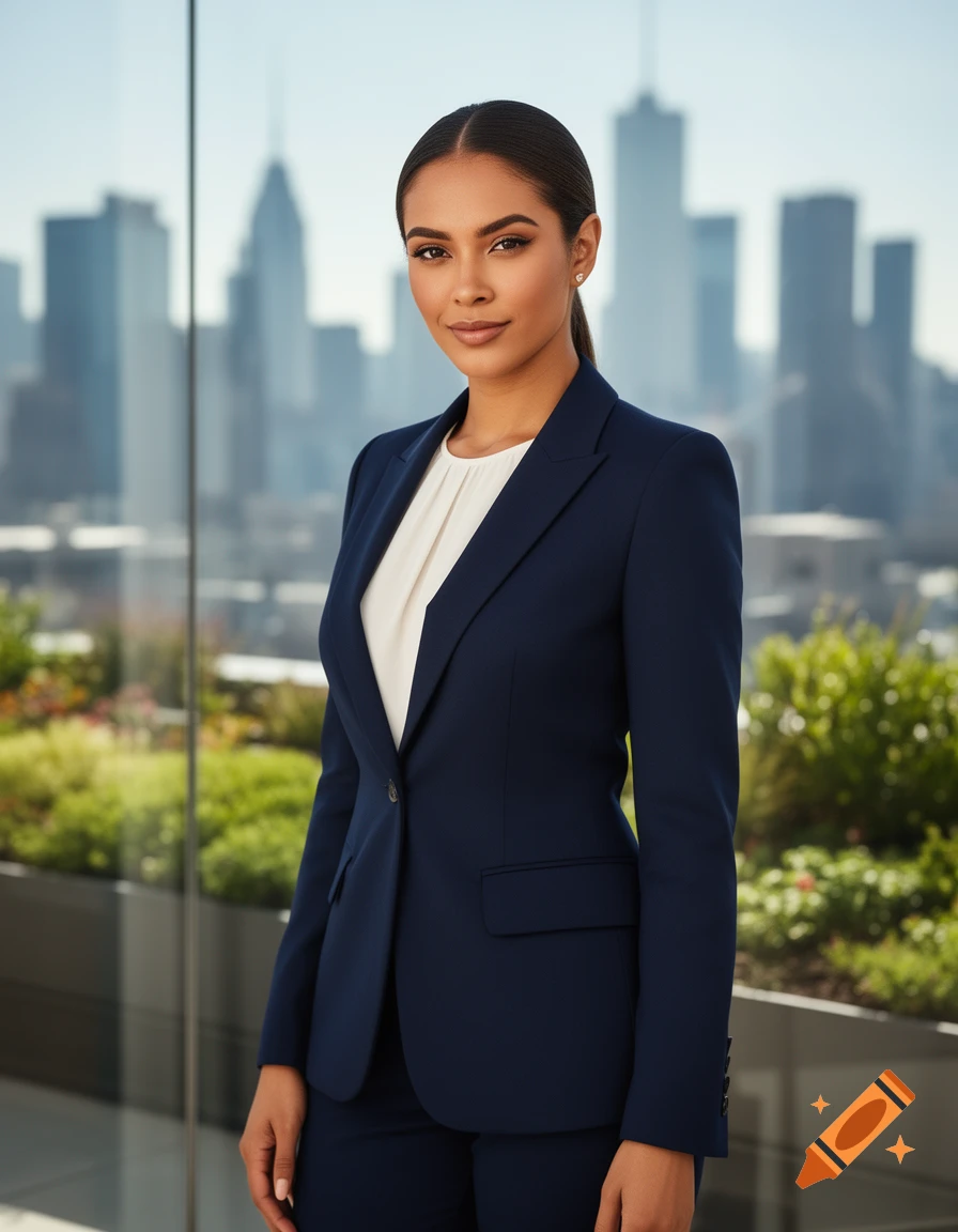Photorealistic portrait of a professional woman in a dark blue suit against a blurred city skyline.