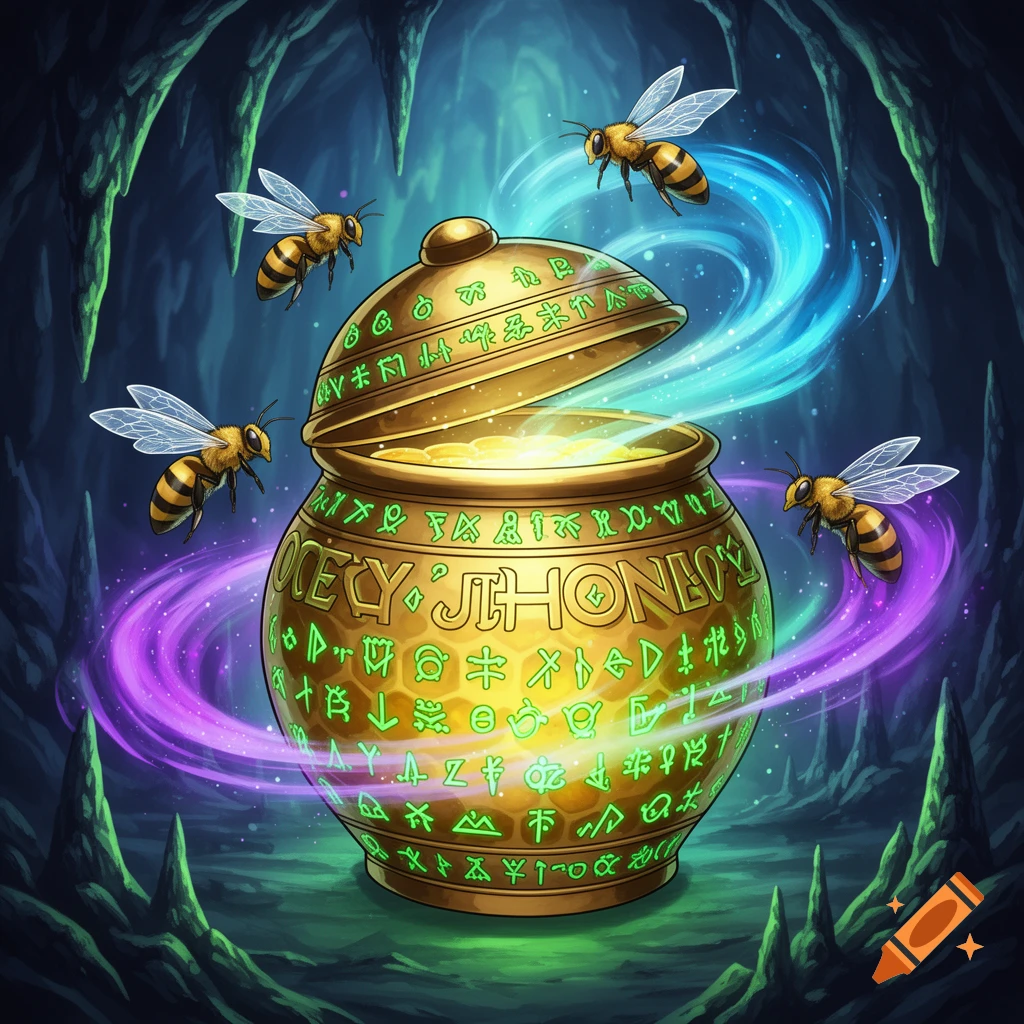 A golden, ornate honeypot with glowing green runes sits in a dark cave, surrounded by four bees and emanating blue and purple magical energy, in a fantasy art style.