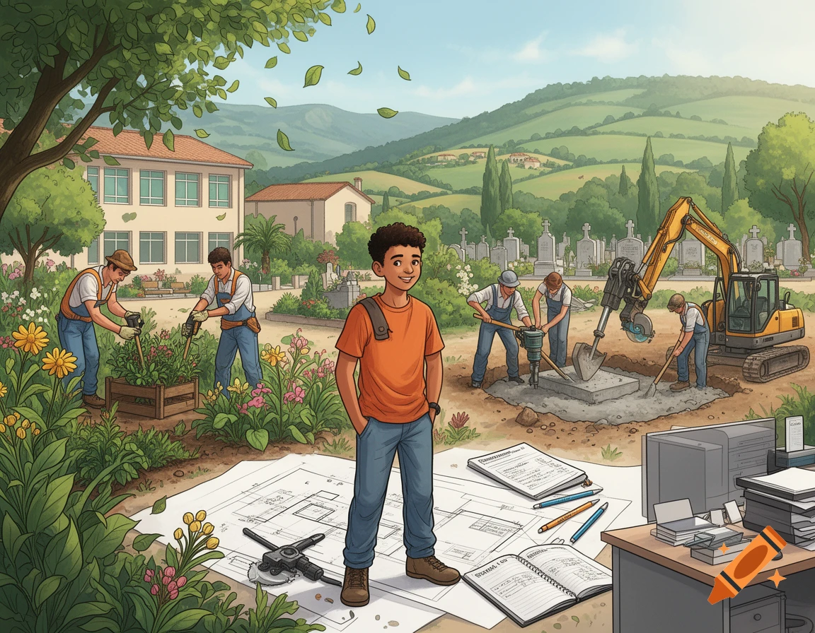 An illustrated scene shows a student smiling with various landscaping and construction activities, including gardening, excavating, and office work with blueprints.