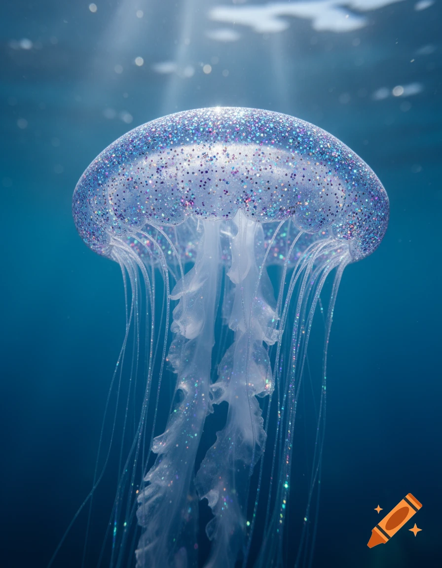 A translucent jellyfish with a bell covered in purple and blue glitter, suspended in clear blue water with rays of light from above.