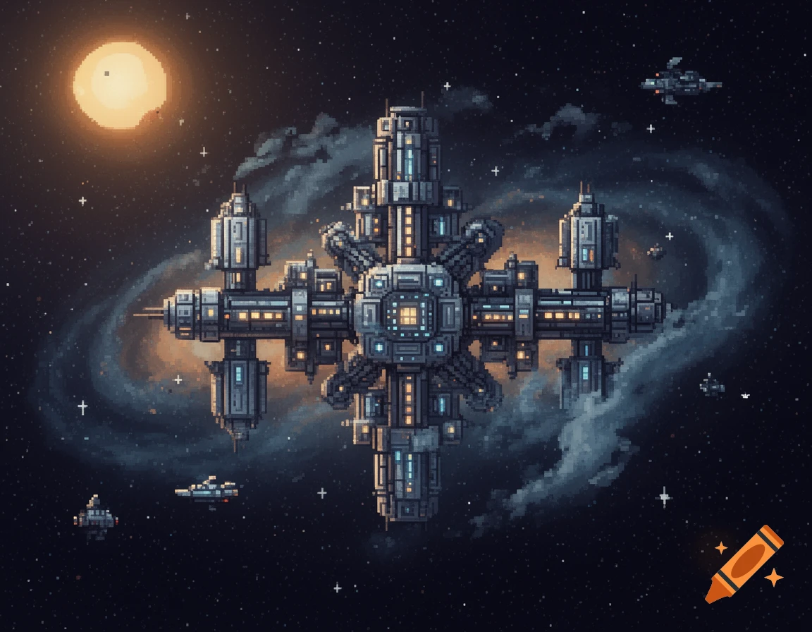 A detailed pixel art space station, resembling a cross, orbiting a sun with smaller ships in a swirling galaxy.