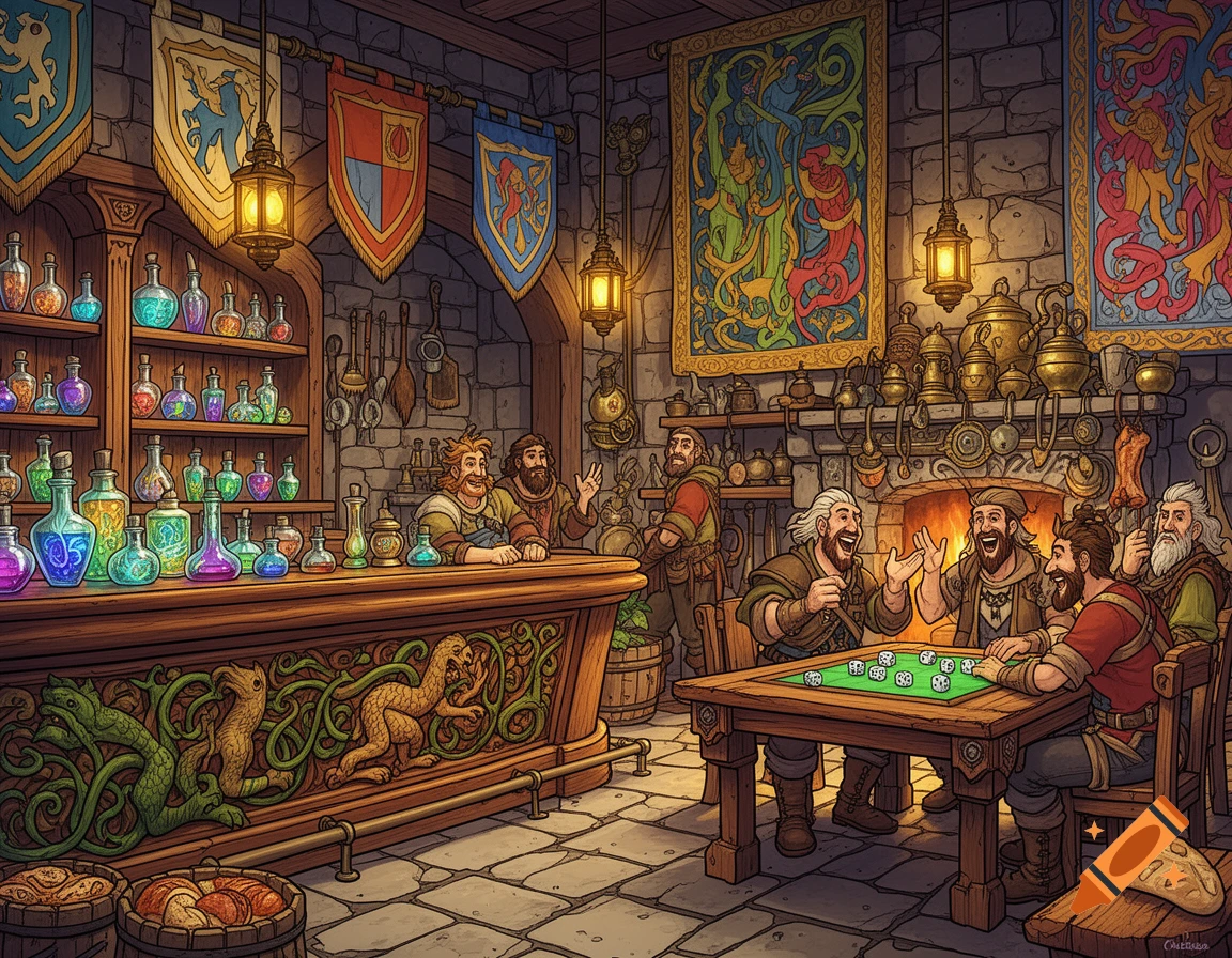 Men play dice and laugh in a fantasy tavern with potion bottles, banners, and a fireplace in a detailed illustration.