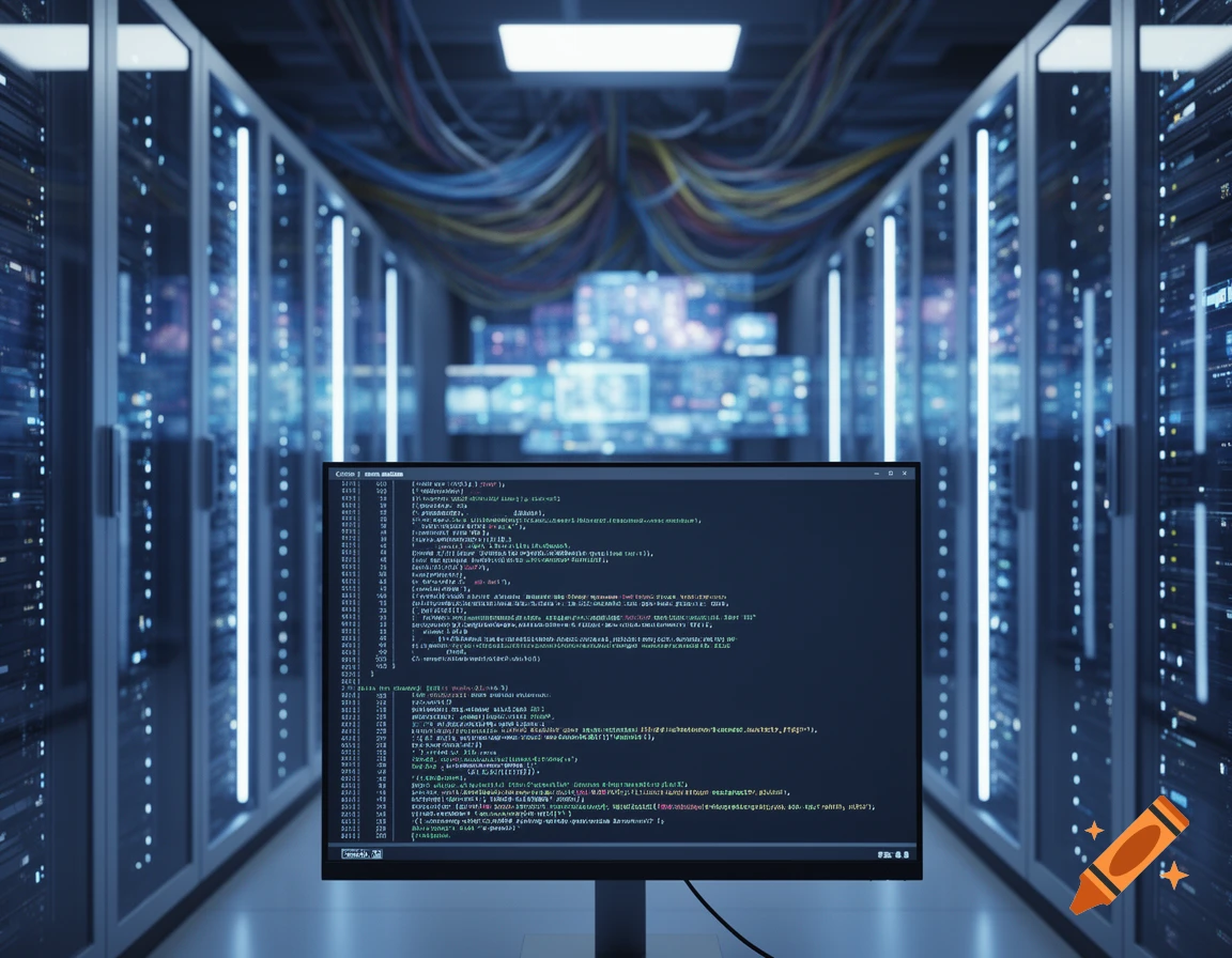A monitor displays code in the foreground of a brightly lit server room with rows of server racks, cables, and screens.