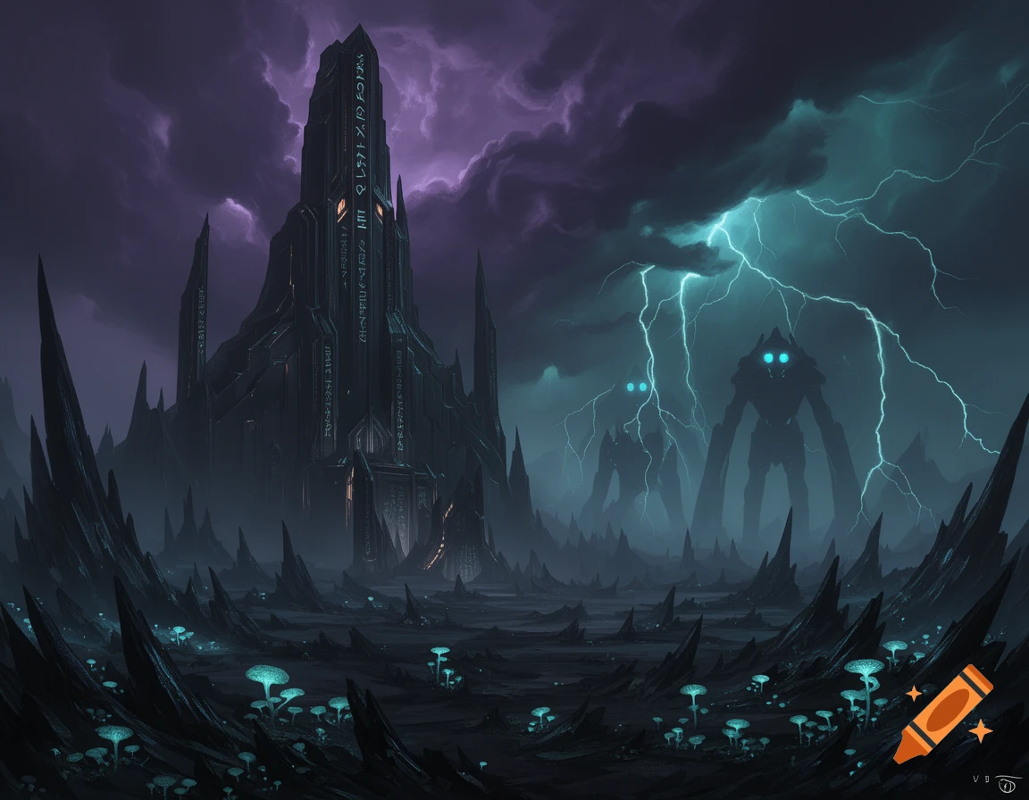 Dark sci-fi fantasy illustration of a monolithic tower, two looming robots with glowing eyes, and bioluminescent mushrooms under a stormy, lightning-filled sky.