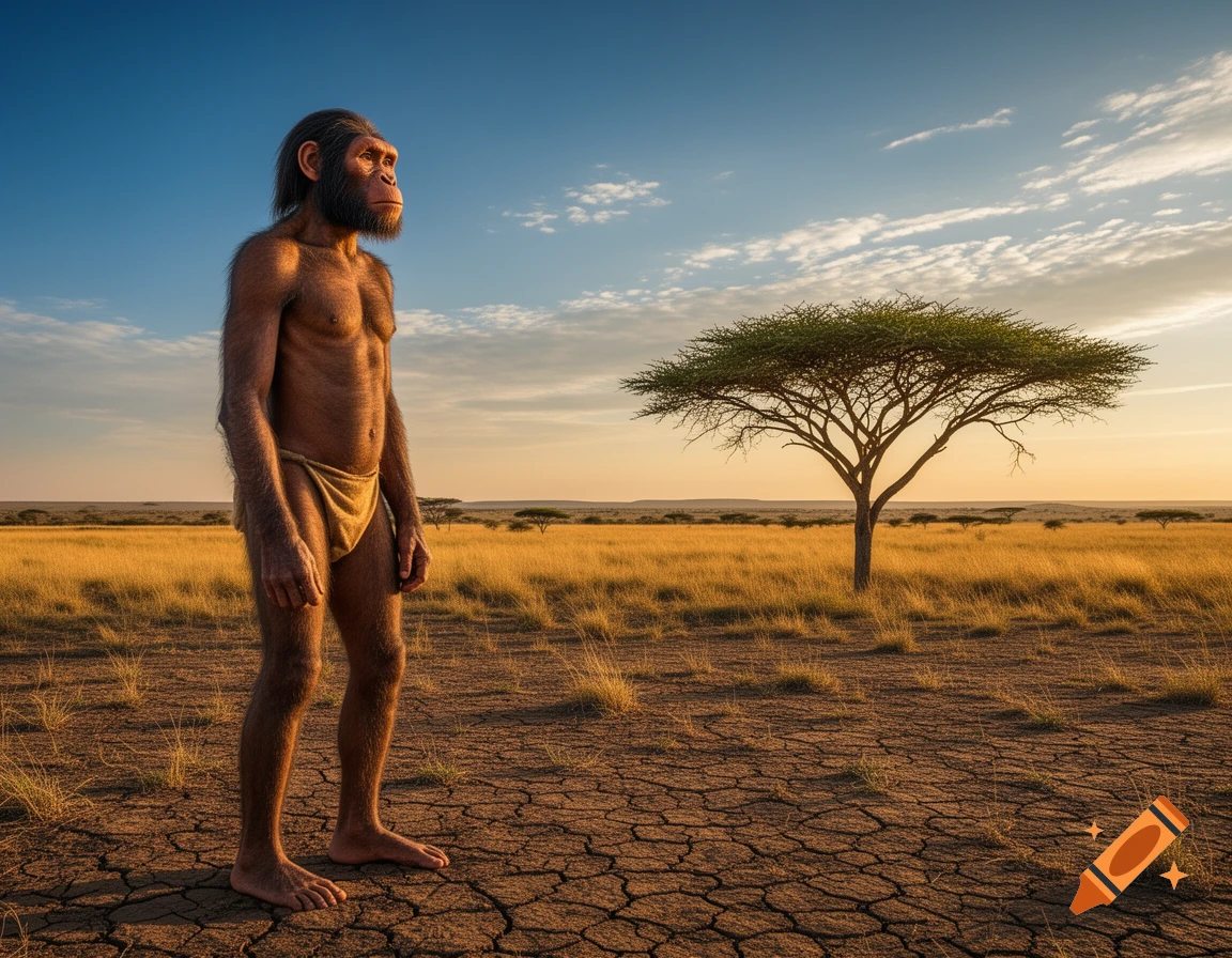 A photorealistic depiction of a Homo erectus in a loincloth standing on cracked earth in a dry savanna landscape with an acacia tree at sunset.