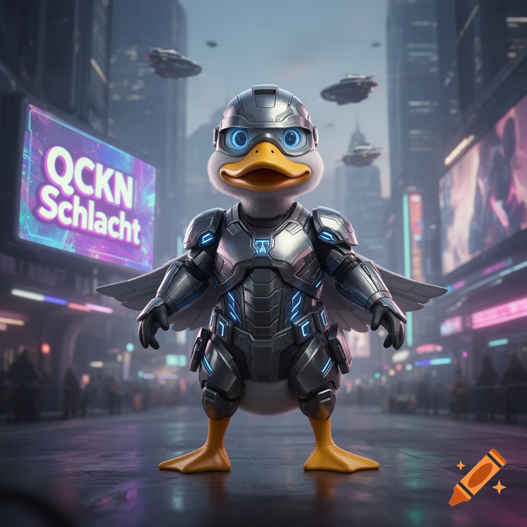 A duck in silver futuristic armor with glowing blue accents stands in a neon-lit cyberpunk city street.