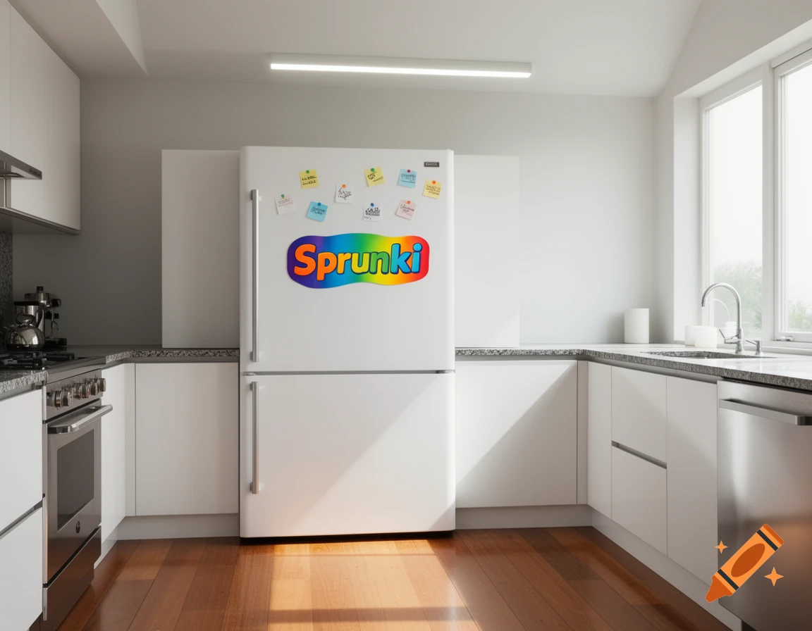 A modern kitchen with white cabinets, a stainless steel oven, a wooden floor, and a refrigerator displaying a colorful "Sprunki" logo.