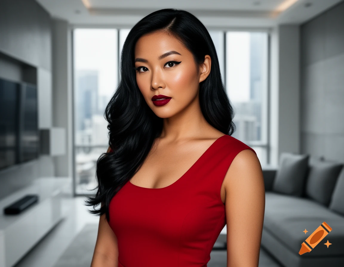Photorealistic portrait of an Asian woman with long black hair, dark red lipstick, and a red top, standing in a modern apartment.
