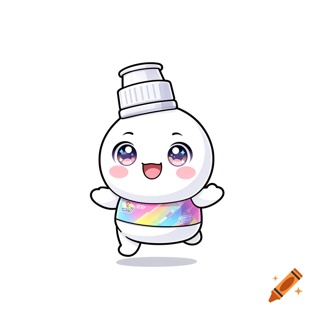 Cute chibi anthropomorphic protein shaker bottle mascot with big sparkling eyes, a happy smile, a bottle cap hat, and a colorful rainbow label, on a white background.