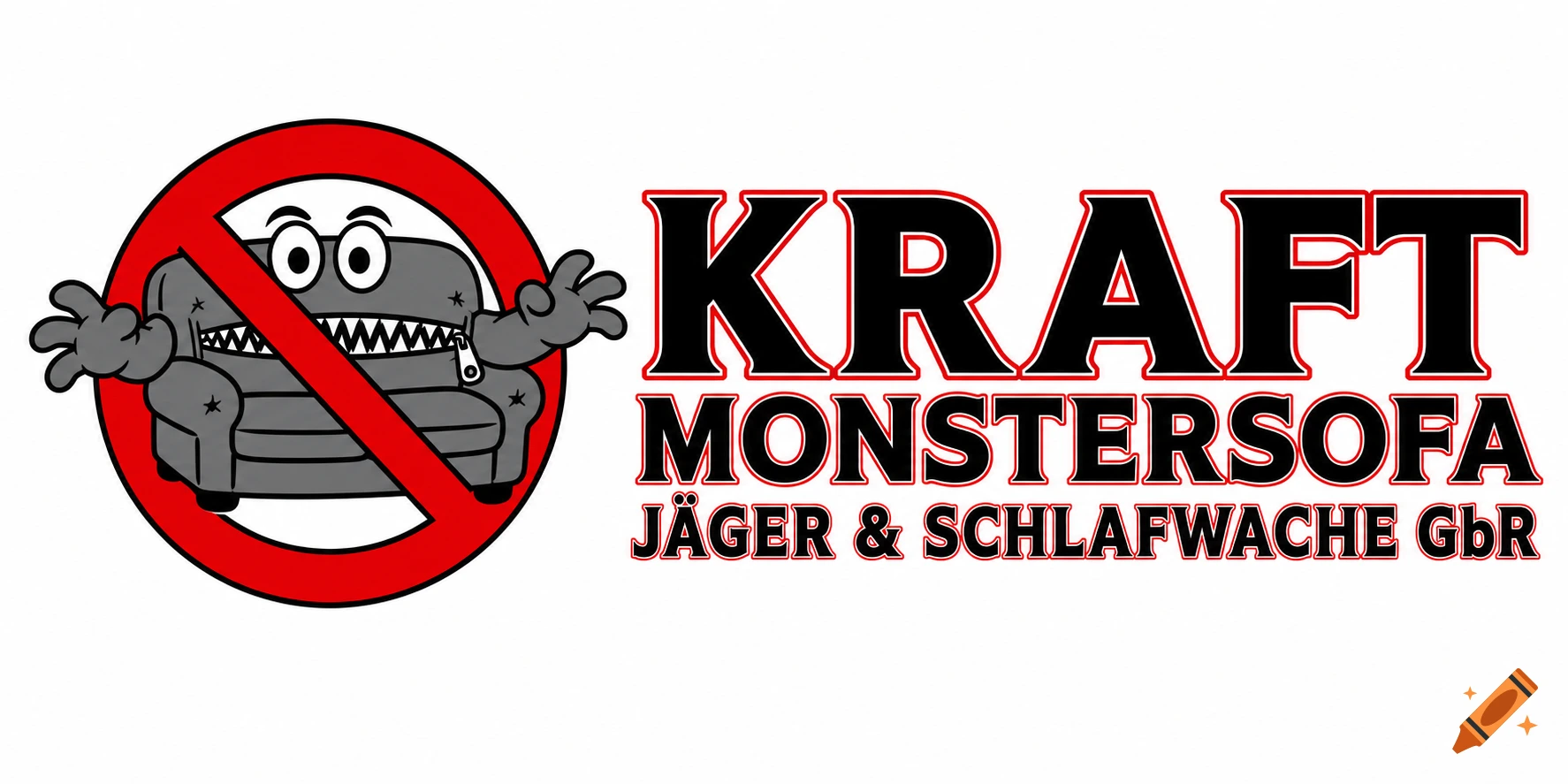 A corporate logo features a grey cartoon sofa monster in a red prohibition sign next to black text "KRAFT MONSTERSOFA JÄGER & SCHLAFWACHE GbR" with a red outline.