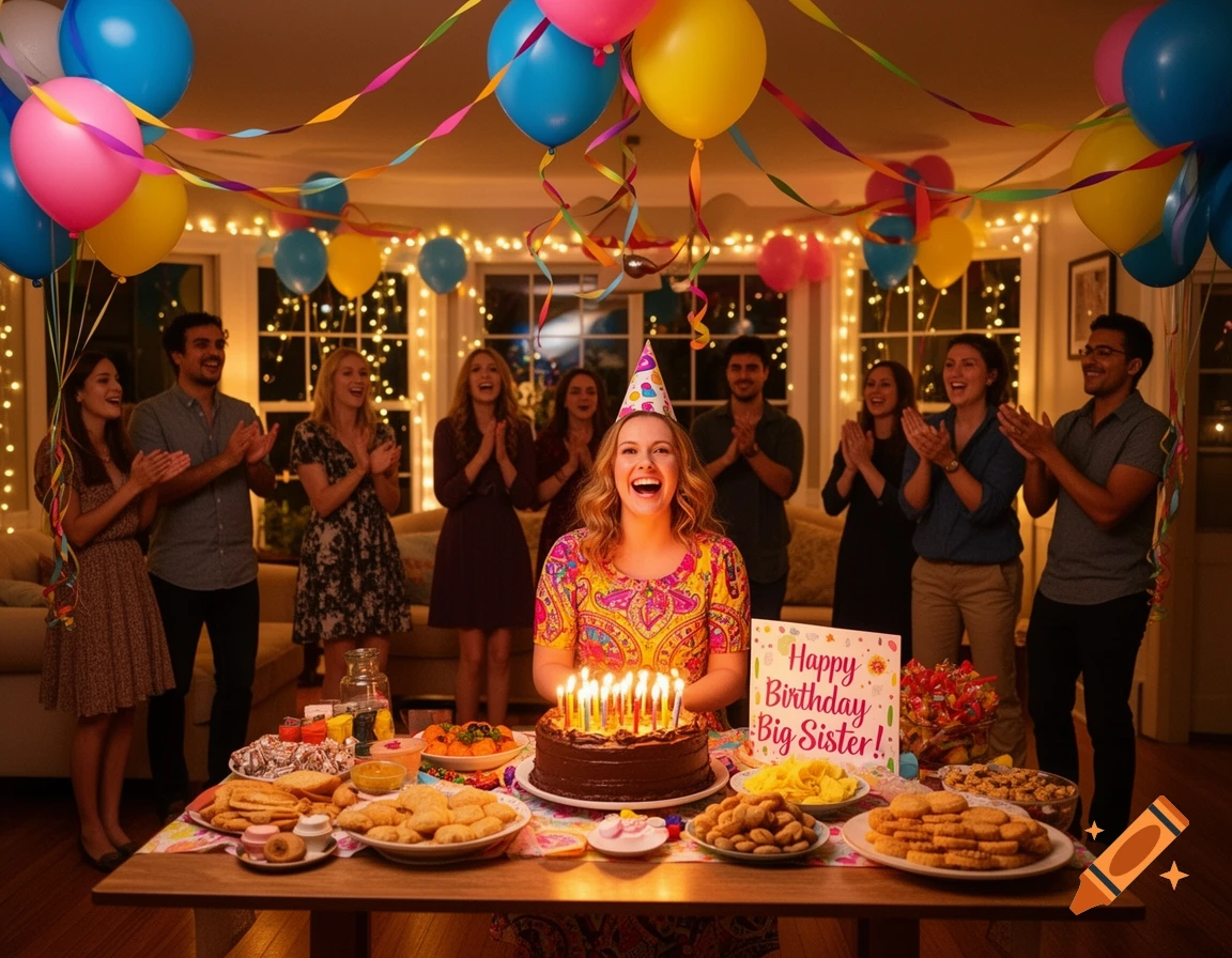 A smiling woman in a party hat sits in front of a birthday cake with lit candles, surrounded by friends clapping at a celebration with balloons and streamers.