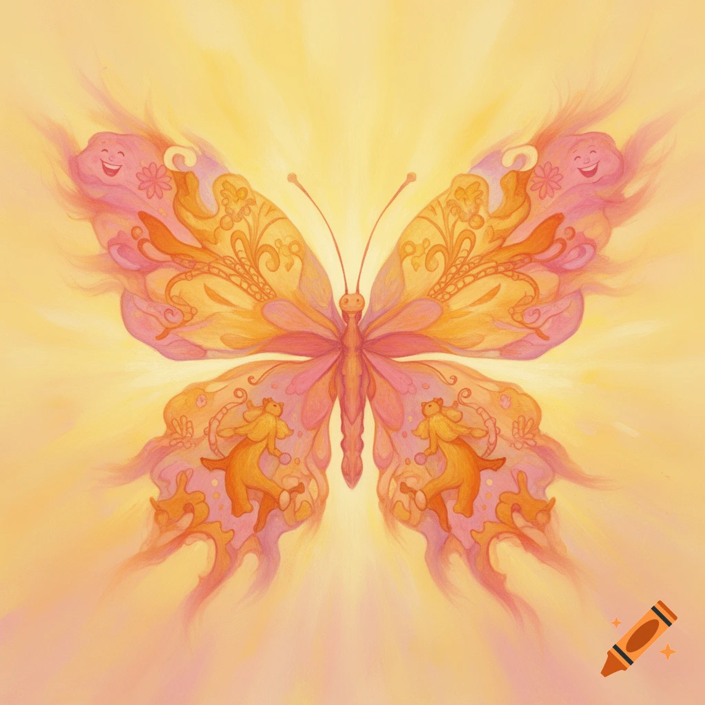 A colorful abstract butterfly with ornate pink and orange wings, featuring decorative patterns and smiley faces, against a glowing yellow background.