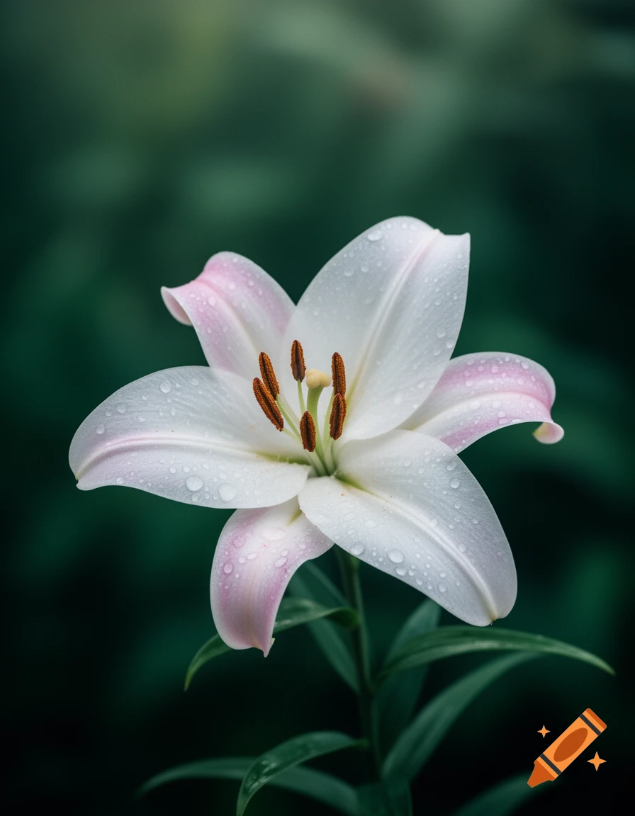 Close-up of a white lily with pink-tipped petals covered in water droplets against a blurred green background.
