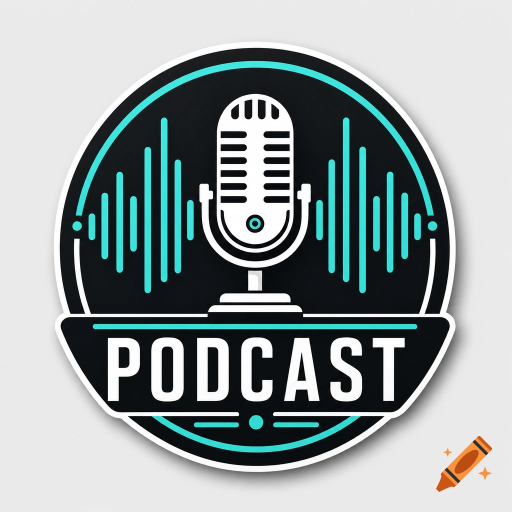 A podcast badge featuring a white vintage microphone and blue sound waves on a black background, framed by a teal circle. The word 'PODCAST' is in white text below the microphone.
