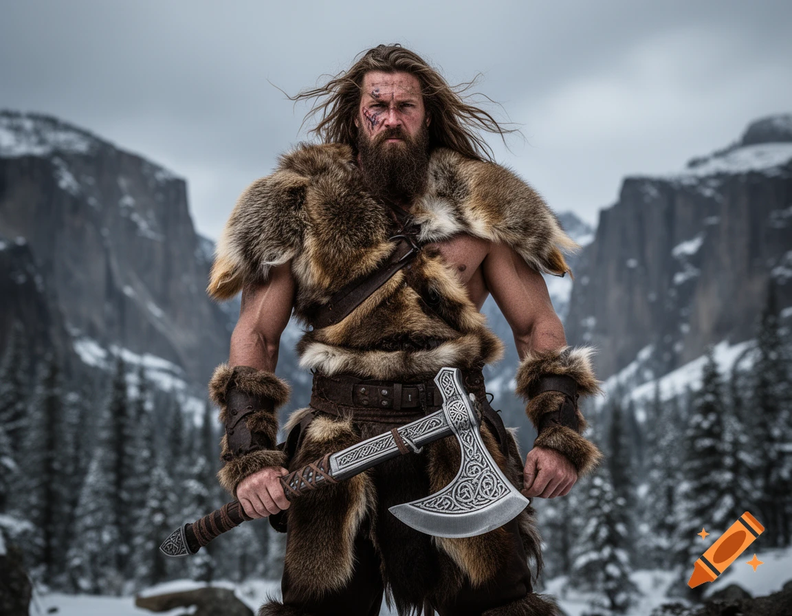 A fierce male barbarian with long hair and a beard, wearing fur armor, holds an axe in a snowy mountain landscape.