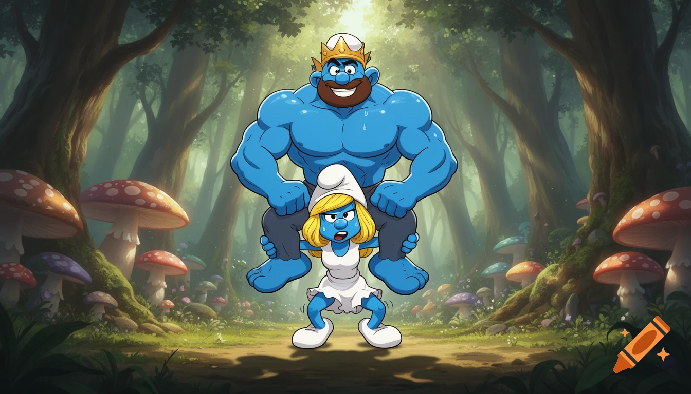 Smurfette struggles to carry a muscular, smiling King Hefty Smurf on her shoulders in a lush forest with large mushrooms, anime style.