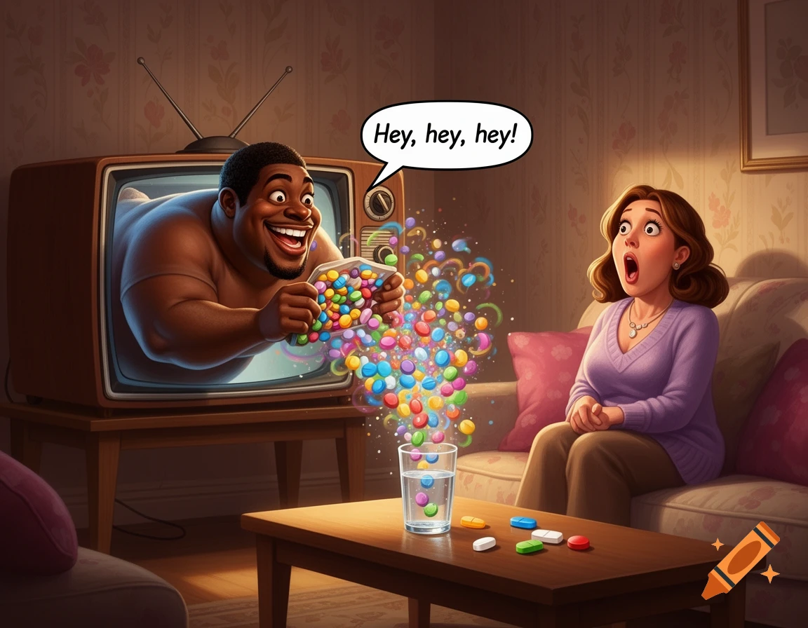 A cartoon man emerging from a TV, holding colorful pills, surprises a woman sitting on a couch.