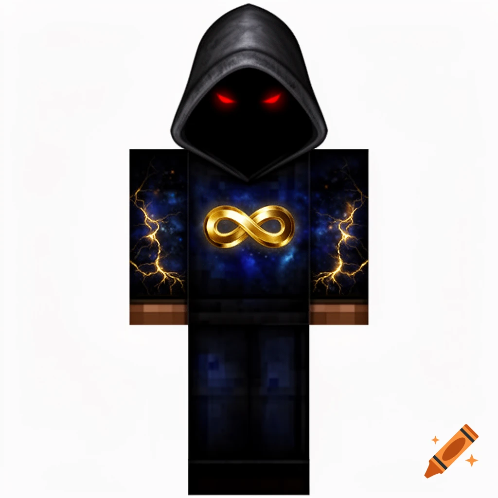 A Minecraft character skin featuring a dark hooded cloak, glowing red eyes, and a metallic gold infinity symbol on a cosmic background with golden lightning.
