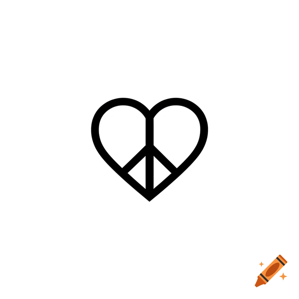 A black outline of a heart shape with a peace symbol inside, set against a white background.