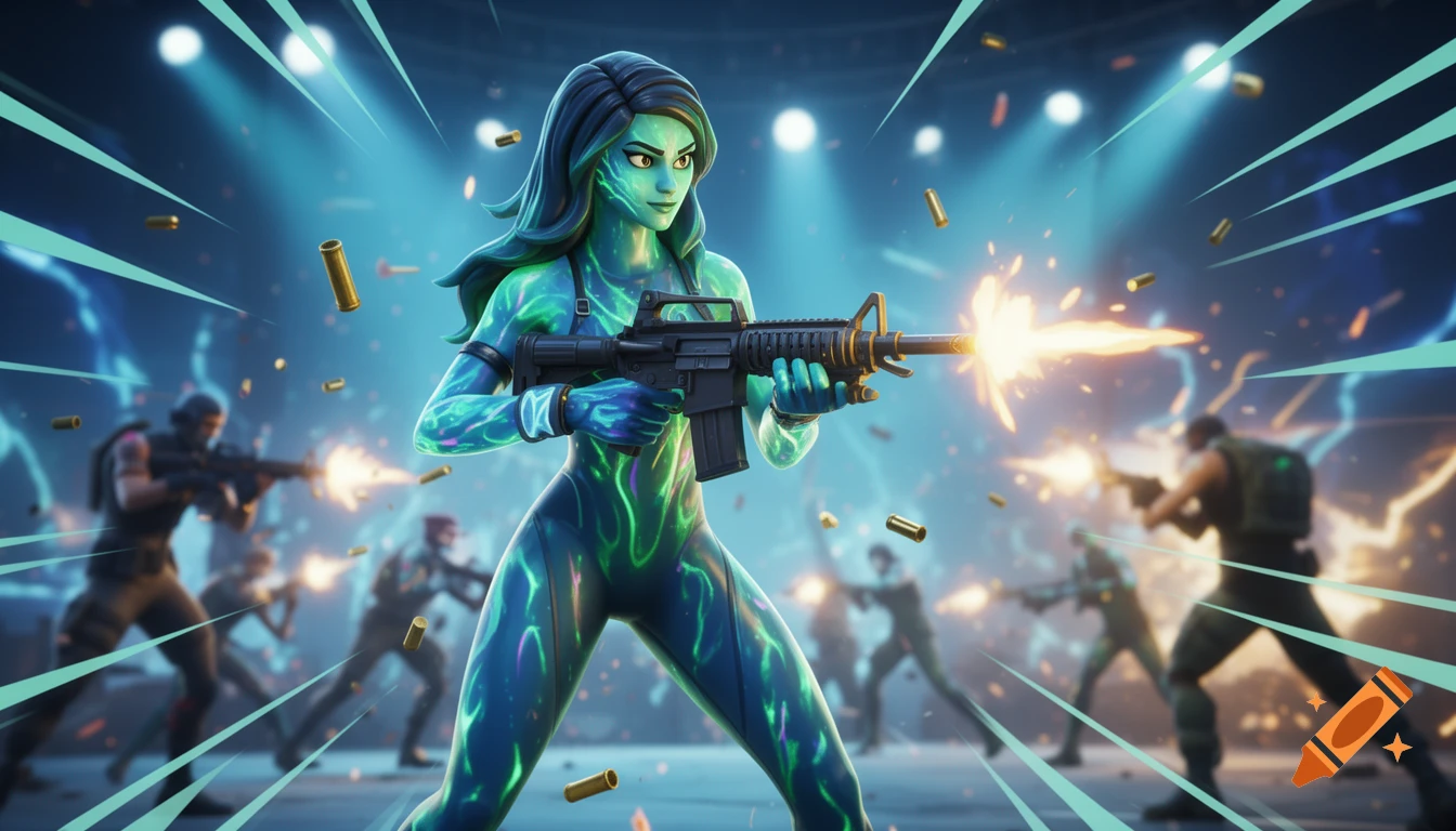 A Fortnite-style character, Mariana, in a glowing blue and green outfit, fires an assault rifle in an intense, vibrant battle scene.