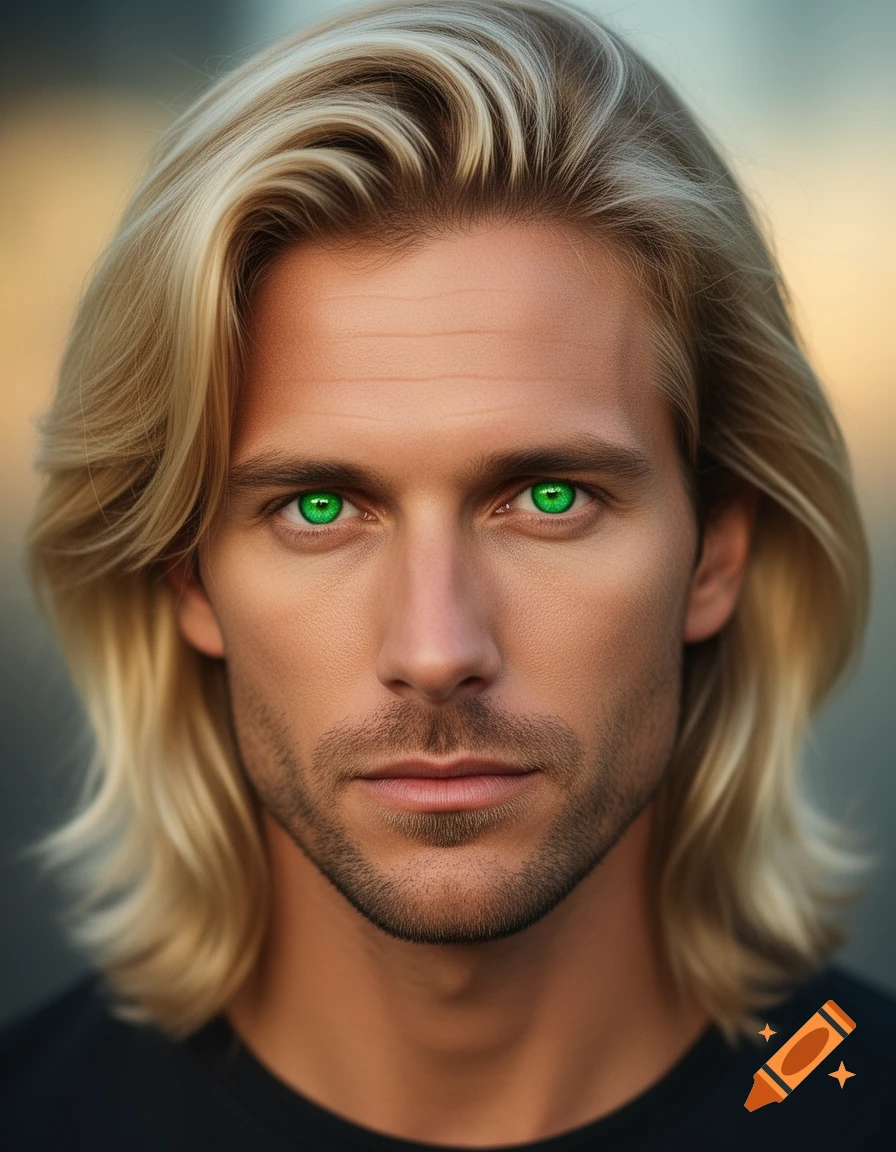 Close-up photorealistic portrait of a man with long blonde hair and vivid green eyes.
