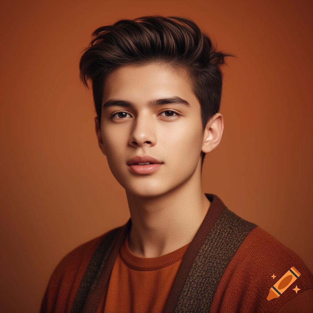 A handsome young man with dark hair looks directly at the viewer, wearing an orange t-shirt and patterned brown cardigan against an orange-brown background. Photorealistic portrait.